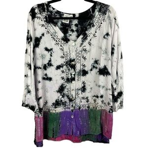 Parsley & Sage Black White Tie Dye Multi Colour Hem Embroidered Button Down XL